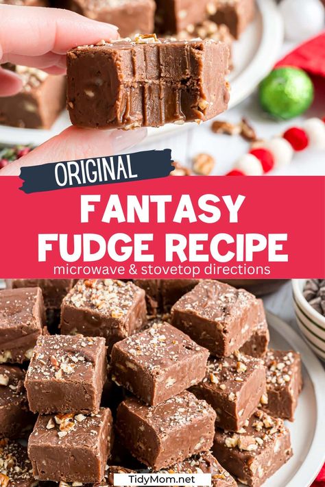 Experience the magic of Microwave Fantasy Fudge, blending the richness of marshmallow cream and chocolate chips. A delightful holiday treat that turns out perfect every time! They’re going to love it! PRINTABLE RECIPE for Microwave and Stovetop DIRECTIONS at TidyMom.net Original Fantasy Fudge Recipe Marshmallow Cream, Microwave Fantasy Fudge Recipe, Microwave Fudge Recipes, Fudge With Marshmallow Cream, Original Fantasy Fudge Recipe, Fantasy Fudge Recipe, Fantasy Fudge, How To Make Fudge, Homemade Fudge Recipes