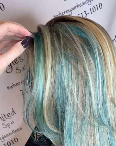 Blue Hair Highlights Blonde, Highlights Blue Hair, Blonde Hair With Blue Highlights, Aqua Hair Color, Teal Hair Highlights, Blonde Hair With Blue, Hair Highlights Blonde, Teal Hair Dye, Blonde And Blue Hair