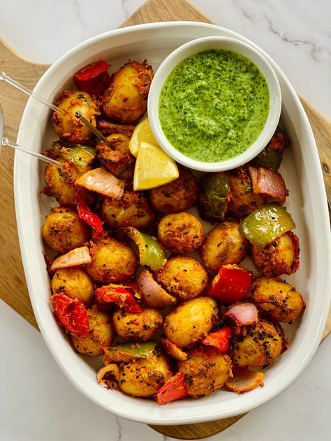 Achari Aloo Tikka Aloo Tikka, Kalonji Seeds, Marinated Vegetables, Indian Appetizers, Green Bell Pepper, Nigella Seeds, Corn Flour, Coriander Powder, Green Bell Peppers