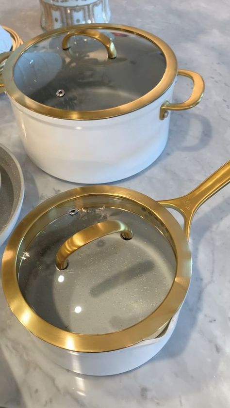 Thyme And Table Cookware, White And Gold Kitchen Accessories, White And Gold Pots And Pans, Thyme And Table, Gold Kitchen Decor, Gold Kitchen Accessories, Kitchen Decor Collections, Crockery Design, Kitchen Pans