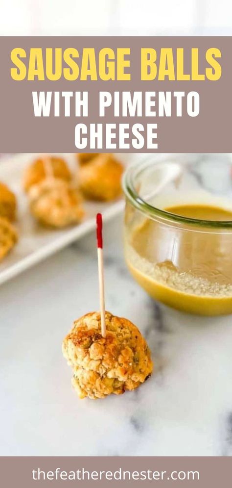 How to Make Pimento Cheese Sausage Balls - These 3-ingredient sausage balls are loaded with creamy and tangy pimento cheese for an addictively delicious appetizer or snack that everyone loves! They're super easy to make in less than 30 minutes and perfect to serve with your favorite dipping sauces at parties and casual get-togethers. This sausage balls with pimento cheese recipe is even great to make ahead as a large batch so you can enjoy now and freeze some for later! Sausage Balls With Pimento Cheese, Pimento Cheese Sausage Balls, Sausage Meatballs Recipes, Cheese Sausage Balls, Pimento Cheese Recipe, 3 Ingredient Recipe, Sausage Meatballs, Pimento Cheese Recipes, Sausage Balls