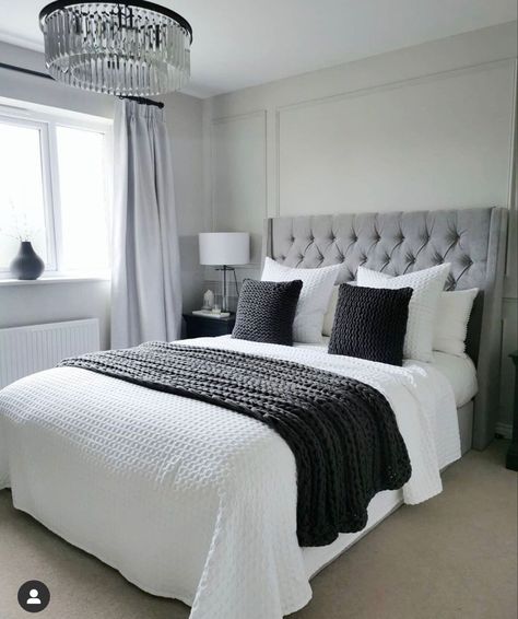 Grey Bedroom Ideas Apartment, Grey White Black Bedroom Ideas, Bedroom Decor Master Grey Black White, White Black And Grey Bedding, Grey Bed Frame Master Bedrooms, Light Grey Bed Black Furniture, Black White Grey Room Bedroom Ideas, White Walls Bedroom Aesthetic, Room Ideas Gray Bed Frames