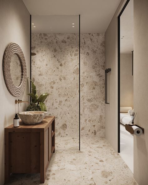 Bathroom Inspo Neutral, Organic Shower Design, Wabi Sabi Bathroom Design, Wooden Bathroom Interior, Serenity Bathroom, Modern Neutral Bathroom, Neutral Bathroom Ideas, Neutral Bathrooms, Wabi Sabi Bathroom