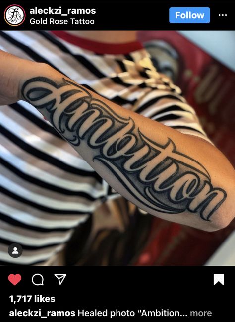 Tattoo Letter Shading Ideas, Forearm Last Name Tattoo Men, Name Tattoo Men Arm, Old English Forearm Tattoo, Tattoo Names On Arm, Ambition Tattoo Forearm, Large Script Tattoo, Big Word Tattoos On Arm, Bubble Letter Tattoos On Arm