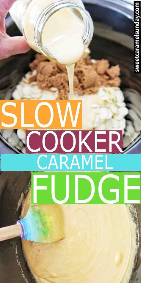 Easy Slow Cooker Caramel Fudge is a condensed milk recipe! Salted for flavour and texture #condensedmilkrecipes #slowcookerrecipes #crockpotrecipes #easyrecipe #chocolatefudge #slowcookerfudgerecipe #fudge #fudgerecipe #baking #funrecipe #chocolaterecipe Slow Cooker Salted Caramel Fudge, Crock Pot Fudge Recipe, Trinidad Fudge Recipe, Slow Cooker Fudge Recipes, Fudge Recipe Condensed Milk, Slow Cooker Caramel, Slow Cooker Fudge, Brown Sugar Fudge, Condensed Milk Recipe