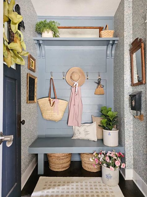 Cottage Mudroom, Cottage Foyer, Design Timeline, Vintage Mailbox, Mudroom Entryway, Timeline Design, Blank Slate, Magnolia Wreath, Home Theater Rooms