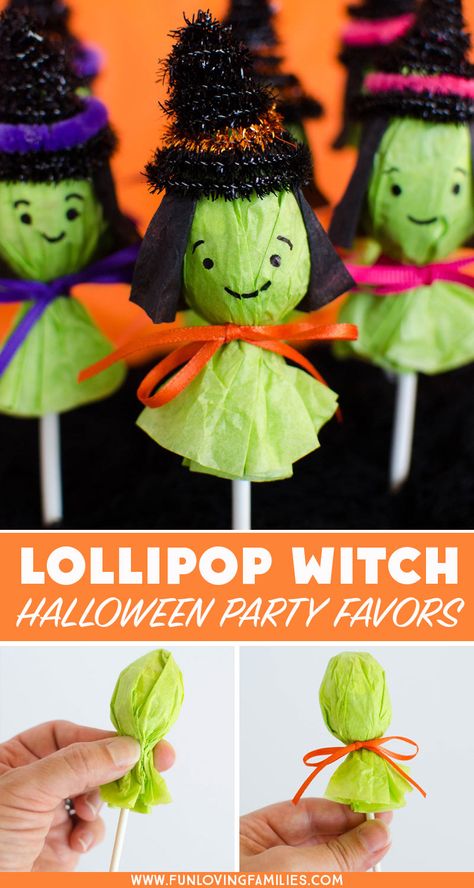 These lollipop witches make the cutest Halloween party favors. Make a bunch to bring to the Halloween classroom party, or add them to your boo basket ideas! #halloweenfavors #halloweenparty #DIYhalloween #halloweenclassroomparty #halloweenkidstreat #boobasketideas #funlovingfamilies Diy Halloween Party Favors, Witch Halloween Party, Boo Basket Ideas, Witches Halloween Party, Dulceros Halloween, Halloween Lollipop, Kids Halloween Food, Classroom Halloween Party, Halloween School Treats