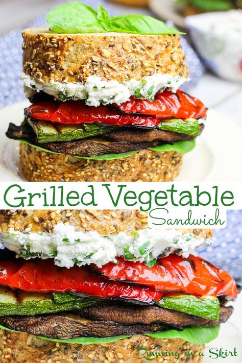 Grilled Vegetable Sandwich with Herbed Goat Cheese Recipe - The best vegetarian sandwich with roasted veggies - red pepper, zucchini, mushroom, spinach and cheese spread. Italian seasoning and healthy, simple and super flavorful. A perfect vegetarian dinner for summer. Low fat, Low Calorie, Clean Eating / Running in a Skirt #vegetariangrilling #grilling #vegetarian #healthy #cleaneating #sandwich Grilled Vegetable Sandwiches, Roasted Vegetable Sandwich Recipes, Ultimate Veggie Sandwich, Roasted Vegetables Sandwich, Grilled Vegetable Sandwich Recipes, Roasted Pepper Sandwich, Roasted Vegetable Wrap, Roasted Vegetable Sandwich, Vegetarian Subs