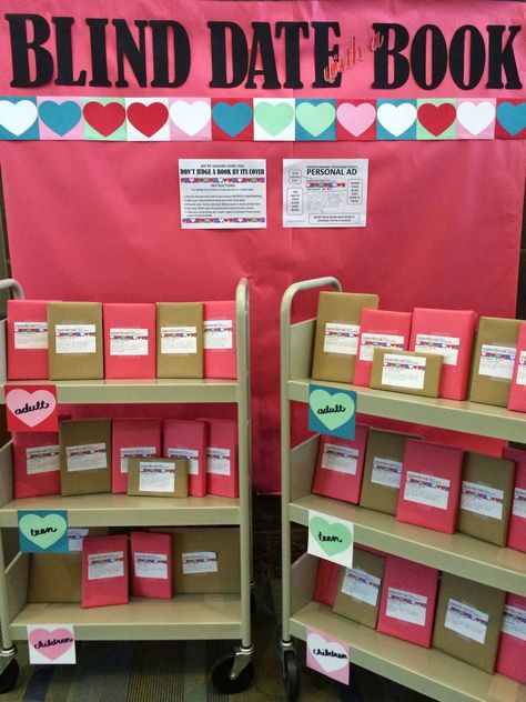 Yep. It's that time of year. Love is in the air. Red roses and cupids abound. And it's time to pick up a blind date with a book. School Library Displays, Library Bulletin Board, Teen Library, Middle School Libraries, Blind Date With A Book, Library Book Displays, Date With A Book, High School Library, Library Bulletin Boards