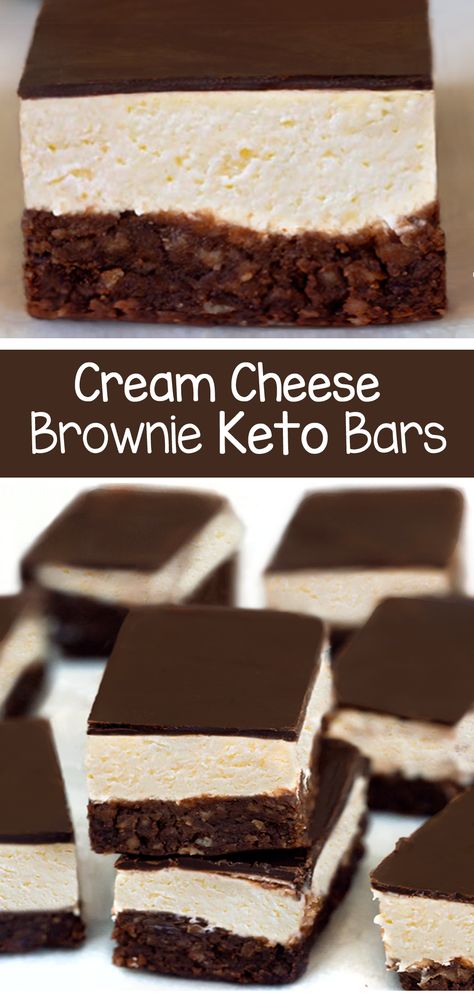 Fudgy chocolate brownie bars are covered with a thick and creamy layer of cheesecake, for a secretly low carb keto dessert recipe #keto #ketodessert #ketorecipe #ketoideas #brownies #ketobrownies #sugarfree #chocolate #lowcarb #creamcheese Cream Cheese Keto, Brownie Healthy, Cheese Keto, Brownie Bars, Healthy Snack Bars, Healthy Chocolate Recipes, Bars Chocolate, Cream Cheese Brownies, Keto Bars