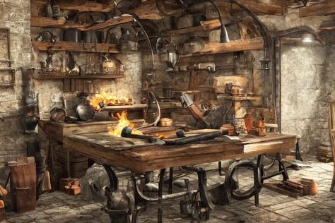 blacksmith, smithy forge, smelting furnace, medieval, | Stable Diffusion Fantasy Smithy Concept Art, Medevil Blacksmith, Fantasy Blacksmith Aesthetic, Steampunk Blacksmith, Forge Aesthetic, Blacksmith Aesthetic, Medieval Stable, Medieval Forge, Magic Workshop