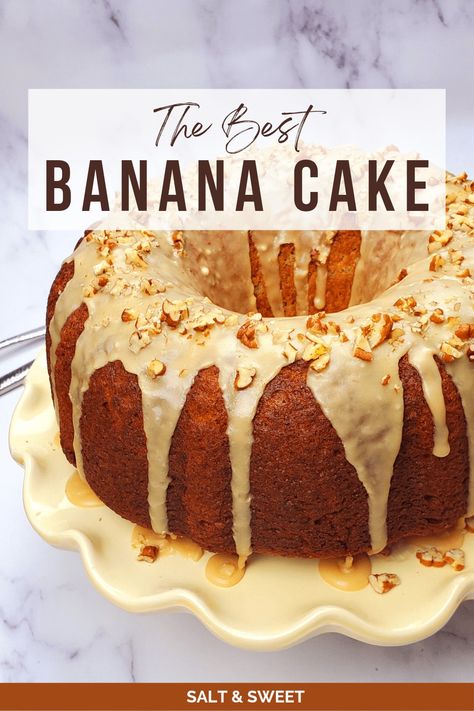 This banana bundt cake recipe, made with overripe bananas and sour cream is so moist and delicious that I guarantee you’ll never go looking for another banana cake recipe after trying it! Banana Cake Icing, Banana Bundt Cake Recipe, Moist Banana Cake, Brown Sugar Icing, Banana Bundt Cake, Banana Bundt, Orange Bundt Cake, Pumpkin Roll Cake, Brown Sugar Glaze