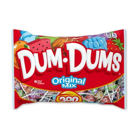 Enjoy the classic lollipop that makes things fun with the Spangler Dum-Dum Pops. They are available in 16 fun flavors, including cherry, pineapple and grape, plus the exciting mystery flavor. The Dum-Dum original pops are individually wrapped, making them ideal to distribute at an office or for Halloween. They have less than 25 calories per pop and are free of major allergens. They come in a pack of 300, so there are plenty for the entire family. Unwrap the colorful treats and satisfy your sweet Dum Dums Lollipops, Filled Candy, Dum Dums, Fruity Treats, Tootsie Pop, Raspberry Fruit, Lollipop Candy, Tootsie Roll, Bulk Candy