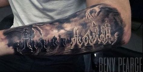 11 Mind-bending Chess Game Tattoos Half Sleeve Upper Arm, Chess Piece Tattoo, Chess Tattoo, Chess Logo, King Chess Piece, Chess King, King Tattoos, Cool Forearm Tattoos, Pieces Tattoo