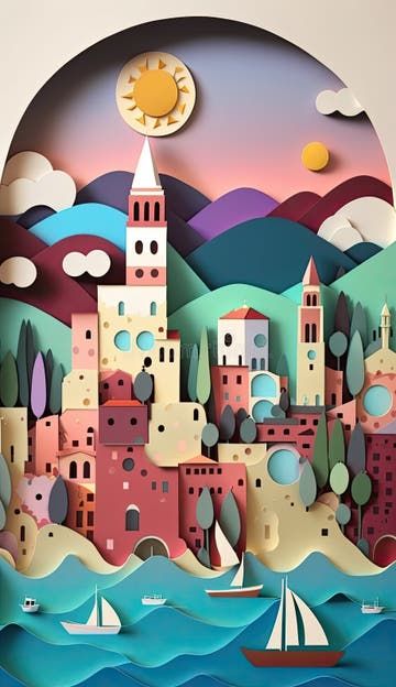 Croatia, Paper Art Collage, Layered Colored Paper, Travel Panorama, AI Generative Panoramic Banner Stock Illustration - Illustration of panorama, place: 270710558 Layered Paper Scene, Papercut Illustration Vector, Paper Illustration Art, Layered Paper Art Diy, Paper Layering Art, Croatia Illustration, Cut Out Paper Art, Flight Artwork, Layered Papercut Art