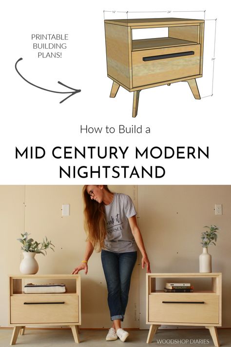 Diy Upholstered Storage Bench, Mid Century Diy, Diy Mid Century Modern, Diy Modern Furniture, Diy Mid Century, Mid Century Modern Nightstand, Mid Century Nightstand, Diy Nightstand, Diy Dresser