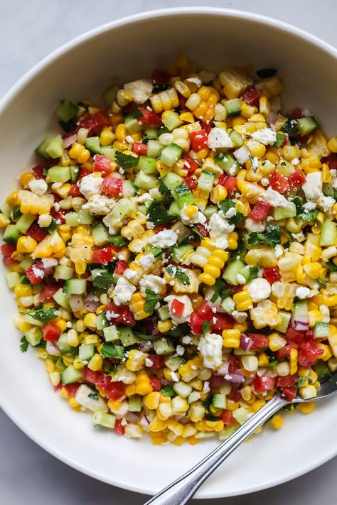 Corn Salad — Her Wholesome Kitchen Tomato Cucumber Corn Salad, Summer Corn Salad With Feta, Fall Cucumber Salad, Corn Summer Salad Recipes, Cucumber Corn Salad Recipes, Healthy Corn Salad, Corn Tomato Cucumber Salad, Cucumber And Corn Salad, Corn Cucumber Salad