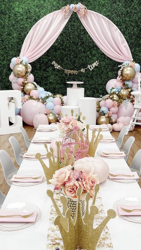 Princess Party Set Up, Princess Ball Party Decorations, Modern Princess Party Ideas, Princess Ball Themed Birthday Party, Princess 21st Birthday Party, Muted Disney Princess Party, Princess Birthday Party Table Decor, Once Upon A Time 3rd Birthday Party, 3rd Birthday Party Princess Theme