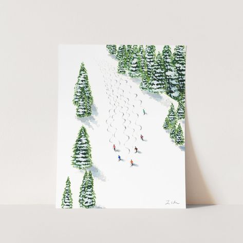 Ski Painting Easy, Ski Art Print, Watercolor Snow, Aspen Ski, Dubai Art, Tree Borders, Aspen Mountain, Ski Slope, Ski Art