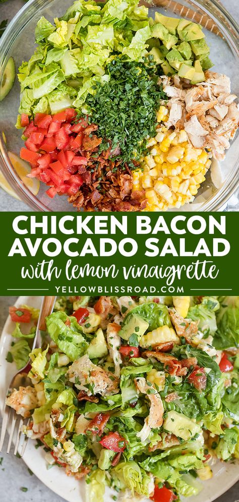 Bacon Avocado Chicken Salad with Lemon Vinaigrette - Loads of veggies, crispy bacon and creamy avocado make the perfect base for the healthy salad dressing. Bacon Avocado Salad, Resep Oatmeal, Salad With Lemon Vinaigrette, Resep Smoothie, Avocado Chicken, Salad With Lemon, Resep Salad, Bacon Avocado, Resep Diet