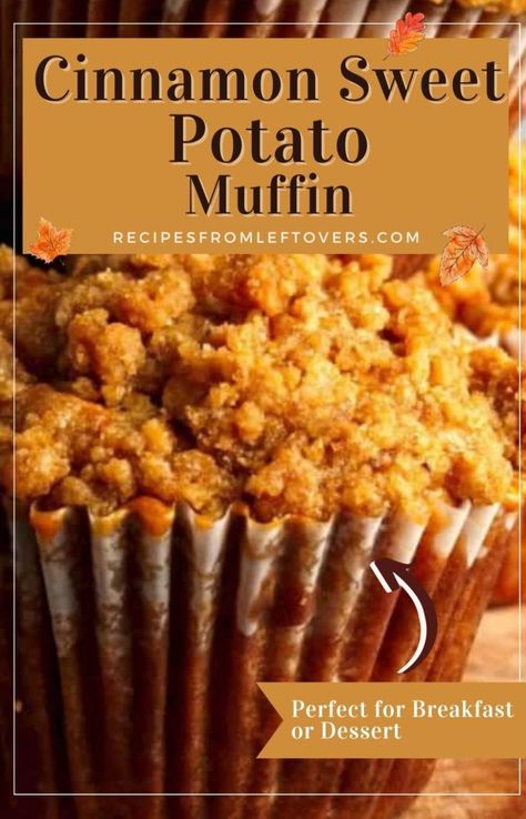 Indulge in a delightful anytime treat with these Cinnamon Sweet Potato Muffins! Perfect for breakfast or dessert, they offer a flavorful twist by combining the nutritional benefits of sweet potatoes with the comforting sweetness of cinnamon. Made with real sweet potatoes, these muffins boast a unique flavor and soft, fluffy texture. Give them a try for a satisfying departure from ordinary muffins! Sweet Potato Pecan Muffins, Small Sweet Potato Recipes, Sweet Potato Cupcakes With Box Cake, Sweet Potatoes Muffins, Sweet Potatoes Dessert Recipes, Sweet Potato Bars Desserts, Sweet Potato Muffins Recipes, Sweet Potato Dessert Healthy, Sweet Potato Muffins Healthy