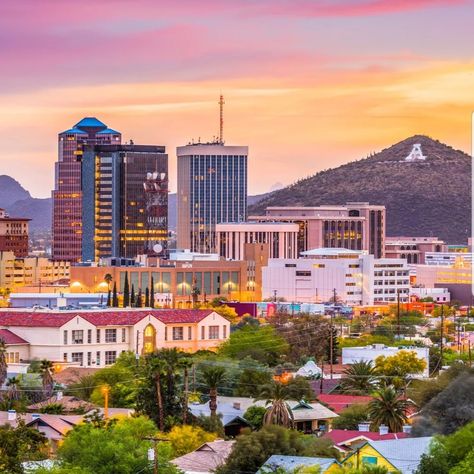 Downtown Tucson, Arizona & "A" mountain in the background. Arizona Nature, Downtown Tucson, Arizona City, Arizona Living, Travel Nurse, Where To Live, Scenic Road Trip, The University Of Arizona, Neighborhood Guide