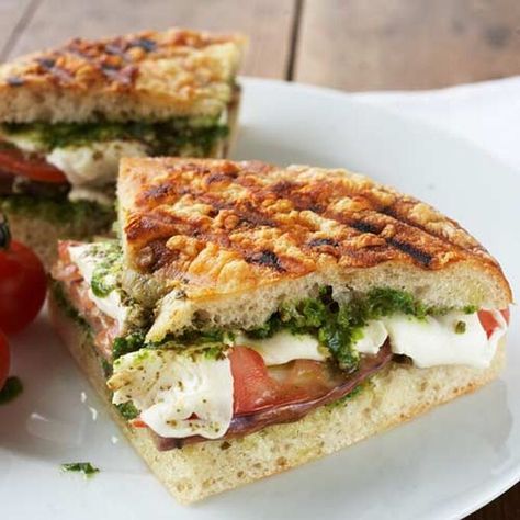 Grilled Eggplant and Mozzarella Panini Recipe | Sur La Table Eggplant And Mozzarella, Mozzarella Panini, Pesto Panini, Eggplant Sandwich, Panini Recipe, Vegetarian Grilling, Mozzarella Tomato, Mozzarella Sandwich, Panini Recipes