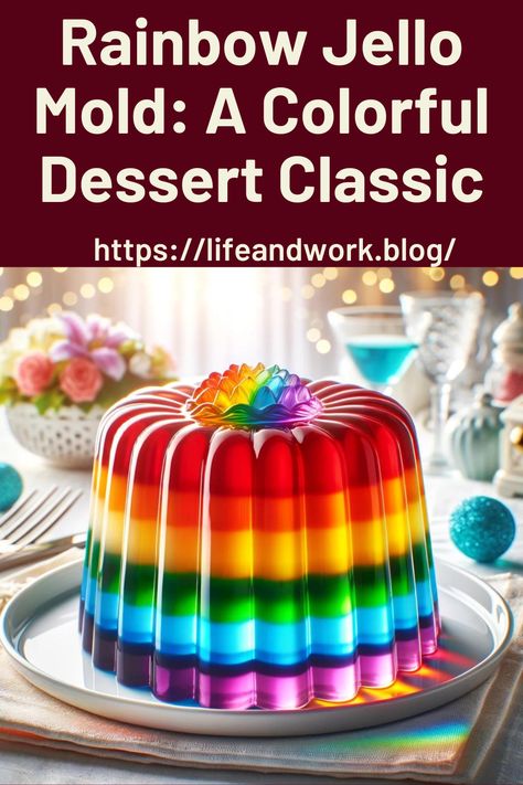 Rainbow Jello Mold: A Colorful Dessert Classic Rainbow Jello Mold, Jello Mould Ideas, Gelatin Mold Recipes, Layered Gelatin Dessert, Rainbow Jello Cake, Fancy Jello Desserts, Jello Mold Ideas, Jello Gigglers, Mosaic Jello Recipe