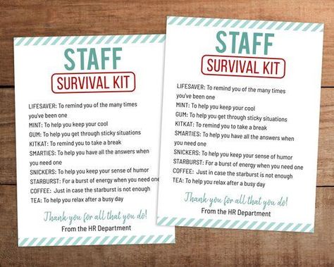 $4.99 Staff Survival Kit, Holiday Survival Kit, Candy Bar Gifts, Survival Kit Gifts, Appreciation Gifts Diy, Staff Appreciation Gifts, Survival Kit For Teachers, Teacher Survival, Staff Gifts