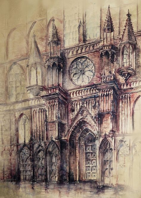 Cathedral - Gothic and Steampunk style Architecture Drawings by Elwira Pawlikowska Gothic Architecture Drawing, 16 Tattoo, Whats Wallpaper, Gothic Cathedrals, Cathedral Architecture, Gothic Cathedral, Architecture Tattoo, Architecture Drawing Art, 다크 판타지