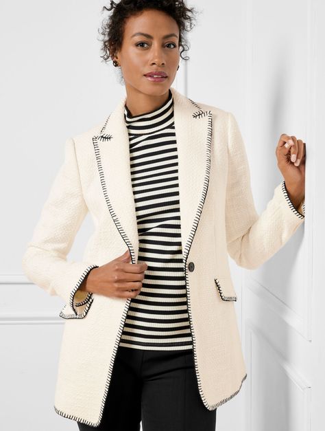 Contrast Stitch Classic Blazer | Talbots Ivory Blazer, All Black Dresses, Navy Outfit, Effortlessly Chic Outfits, Zip Collar, Sneakers Looks, Sweater Blazer, Womens Sweater, Classic Blazer