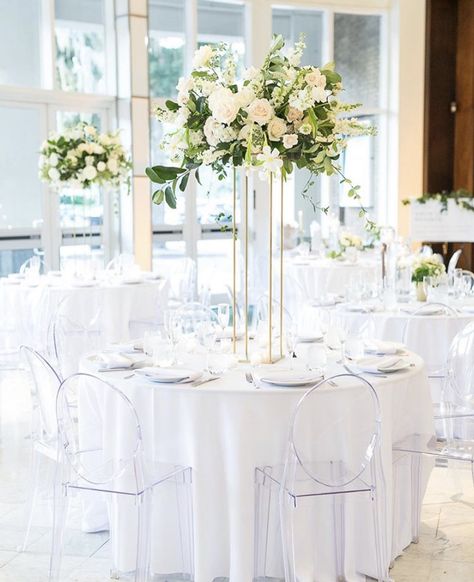 Not my photo. Credit to IG kaylaelise Ghost Chairs Wedding Reception, Ghost Chair Wedding, Wedding Reception Chairs, Round Wedding Tables, Tent Decor, White Floral Centerpieces, Small Backyard Wedding, Folding Chair Covers, White Linens