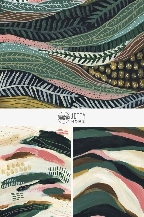 Abstract paintings inspired by the jungle and tropics. Acrylic Painting Patterns Design, Abstract Botanical Art Paintings, Abstract Jungle Painting, Tufting Projects, Puffy Blanket, House Artwork, Jungle Painting, Coastal Watercolor, Palm Tree Wall