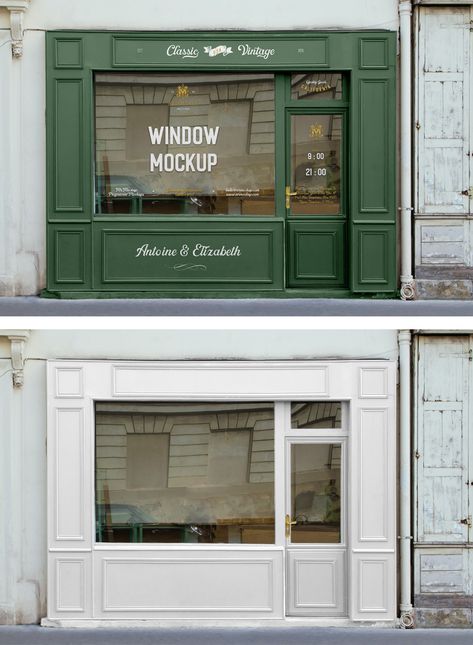 Seen from the front, Free Retail Storefront Mockup in green colors on the building and gold colors on the Windows. Storefront Glass, Cafe Signage, Vitrine Vintage, Computer Mockup, Café Design, Temporary Decorating, Vinyl Window Decals, Storefront Design, Sign Mockup