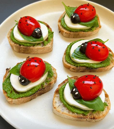 Caprese Bruschetta, Bruschetta Appetizer, Basil Leaf, Easter Brunch Food, A Ladybug, Sliced Baguette, Kalamata Olives, Bread Knife, Easter Brunch