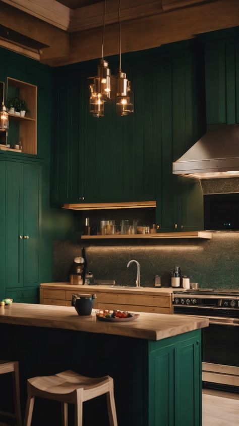 Gatsby Interior Design, Luxury Kitchens Dark, Black Tiles Kitchen, Dark Green Kitchen, Green Kitchen Cabinets, Condo Kitchen, Indian Home Interior, Dream Kitchens Design, New Kitchen Designs