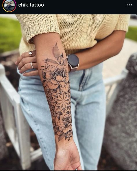 Half Sleeve Tattoo Upper Arm, Mandala Tattoos For Women, Inner Wrist Tattoos, Lower Arm Tattoos, Tool Tattoo, Inner Forearm Tattoo, Animal Tattoo Ideas, Boho Tattoos, Beautiful Flower Tattoos