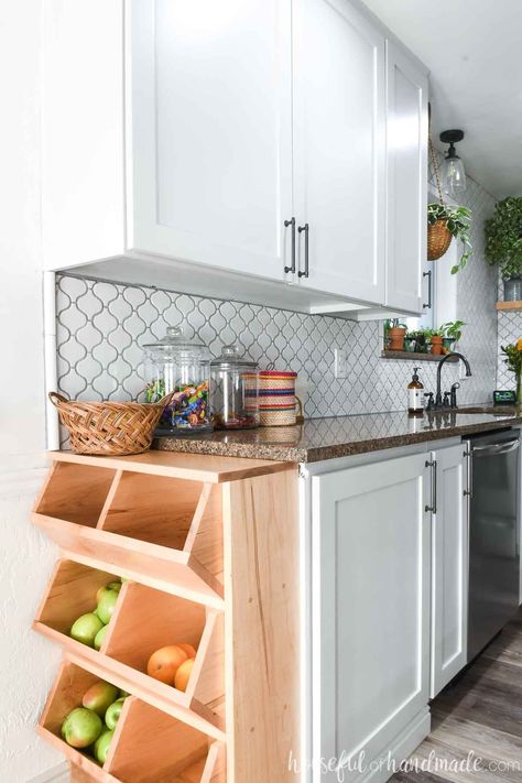 Help keep the clutter off of your kitchen counters with this DIY produce bin. Its and easy project using standard lumber sizes. Ikea Desk Hack, Diy Casa, Ikea Pax, Kitchen Redo, Kitchen Makeover, Wine Storage, White Cabinets, Küchen Design, Diy Kitchen