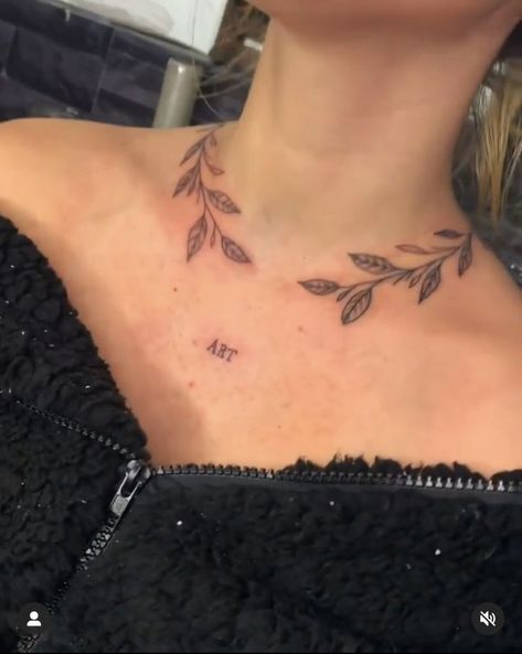 Barb Wire Tattoo Collarbone, Vines On Neck Tattoo, Vine Tattoos Neck, Leave Collar Bone Tattoo, Leaves On Neck Tattoo, Leaves Around Neck Tattoo, Vines On Collar Bone Tattoo, Collar Bone Neck Tattoo, Edgy Collar Bone Tattoo