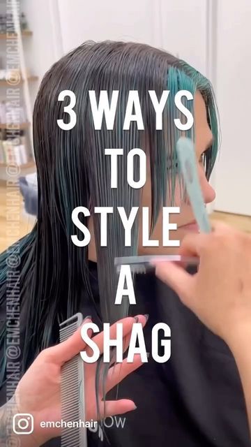 Emily Chen on Instagram: "(Watch with audio) she told me she wanted a shag haircut, but wasn’t sure if it would vibe with her natural curly/wavy texture. I immediately knew it would. Shags are PERFECT for curls🌀 I showed her 3 ways to style, from “least effort” casual shag vibes where all she needed to do was use a little sea salt spray, scrunch and literally let it air-dry to “most effort” glamour shag where we blew her out with a round brush, popped in a few iron curls & loaded it up with tex The Shag Haircut Long, Naturally Wavy Shag Haircut Medium, How To Style Your Shag Haircut, Curling A Shag Haircut, Curl Shag Haircut, How To Style A Curly Shag Haircut, Shag Vs Layers, How To Style Long Shag Haircut Tutorial, Curling Shag Haircut