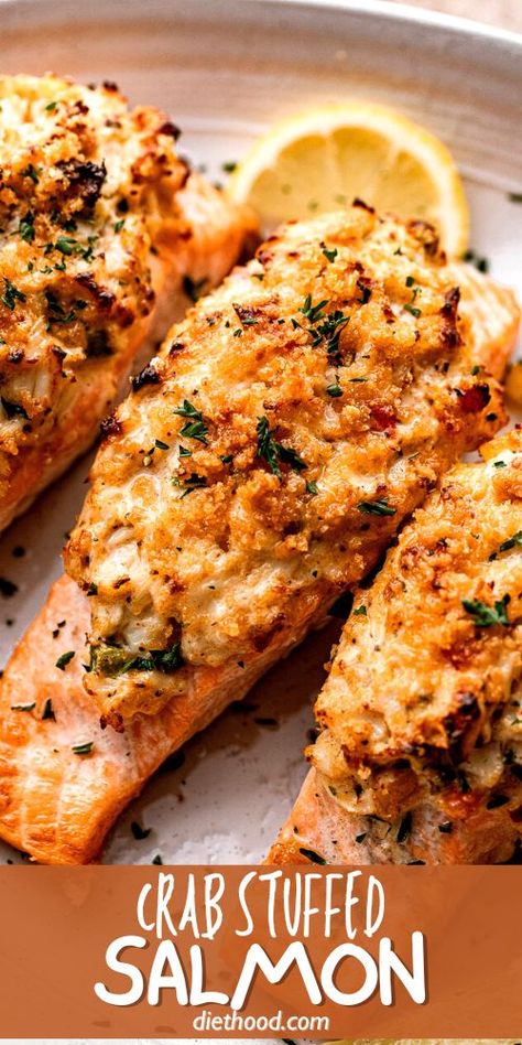 Crab Rangoon Stuffed Salmon, Stuffed Salmon Cream Cheese, Crab Crusted Fish, Stuffed Salmon Recipes Baked Crab Meat, Salmon Flatbread Recipes, What To Do With Crab Meat, Crab Stuffed Haddock, Keto Stuffed Salmon, Salmon Crab Stuffed