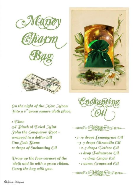 MONEY CHARM BAG, Money Making Spell Recipe, Bring Prosperity, Wicca Abundance Spell, Attract Money, Witch Wealth Spell Charm Bags Witchcraft, Money Oil Recipe, Spell Herbs, Wealth Spell, Abundance Spell, Money Oil, Vetiver Oil, Attraction Spell, Citronella Oil