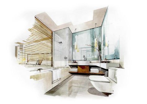 Bathroom Perspective Drawing, Architectural Render, Interior Composition, Interior Architecture Sketch, Perspective Drawings, Perspective Sketch, Furniture Design Sketches, Interior Design Renderings, Interior Architecture Drawing