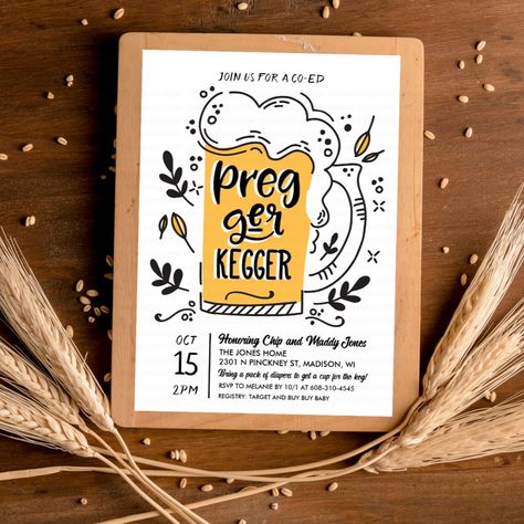 Pregger Kegger Beer Baby Shower Invitation Beer And Baby Shower Ideas, Funny Baby Shower Themes, Coed Baby Shower Themes, Pregger Kegger, Blue Baby Shoes, Couples Baby Showers, Baby Announcement Photos, Beer Theme, Coed Baby Shower