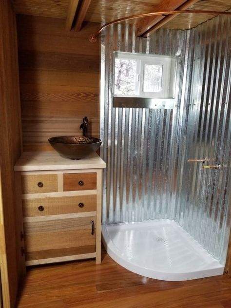 New Creation Tiny Homes Helps DIYers Achieve Their Dreams Trough Shower Ideas, 50s Apartment, Tiny Cabin Bathroom, Galvanized Shower, Tiny House Shower, Swamp Shack, Rustic Cabin Bathroom, Forest Bathroom, Tiny Home Bathrooms