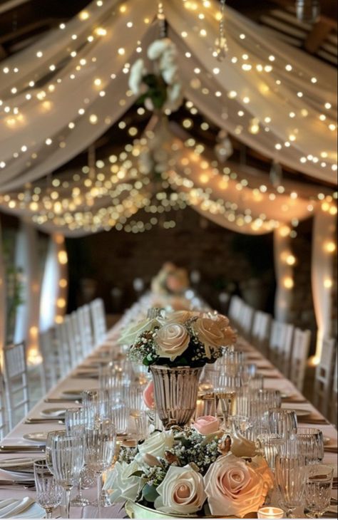 Romantic wedding breakfast setting with fairy lights Light Decor Wedding, Wedding Fairy Lights, Breakfast Setting, Light And Airy Wedding, Reception Styling, Wedding Fairy, Fairy Lights Wedding, Dream Beach Wedding, Lights Wedding Decor