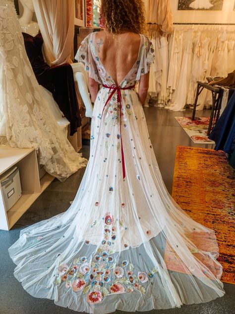 Colored Embroidery Wedding Dress, Floral Summer Wedding Dress, Coloured Flower Wedding Dress, Embroidered Colorful Wedding Dress, Boho Wedding Dress With Colorful Flowers, Colourful Embroidered Wedding Dress, Floral Wedding Dress Colored Embroidered, Floral Bridal Gown, Bright Wedding Dress