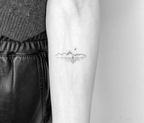 Small Lake Tatoos, Tiny River Tattoo, Mountain With Lake Tattoo, Fine Line Lake Tattoo, River Tattoo For Women Simple, Fine Line River Tattoo, Minimalist Lake Tattoo, Fjord Tattoos, Mountains And Water Tattoo