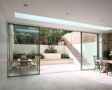 Modern Patio Doors, Roof Terrace Design, Minimal Windows, Glass Door Design, Glass Doors Patio, Contemporary Garden Design, Modern Sliding Doors, Door Glass Design, House Extension Design