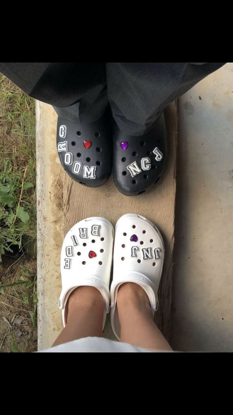 Bride And Groom Crocs Shoes, Couple Crocs Shoes, Matching Crocs For Couples, Wedding Crocs Shoes, Wedding Crocs, White Crocs, Wedding Extras, Black And White Couples, Clogs Outfit